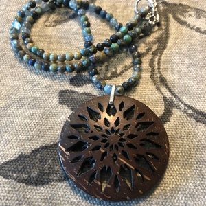 Wood pendant on agate beaded necklace